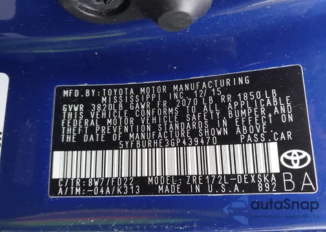 2016 Toyota Corolla S Plus из США, поврежденный, VIN 5YFBURHE3GP439470